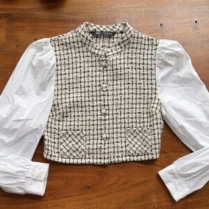 Zara Black and White Tweed Jacket with Puff Sleeves